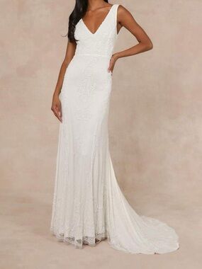 Lulu's White V-Neck Lace Wedding Gown with Train